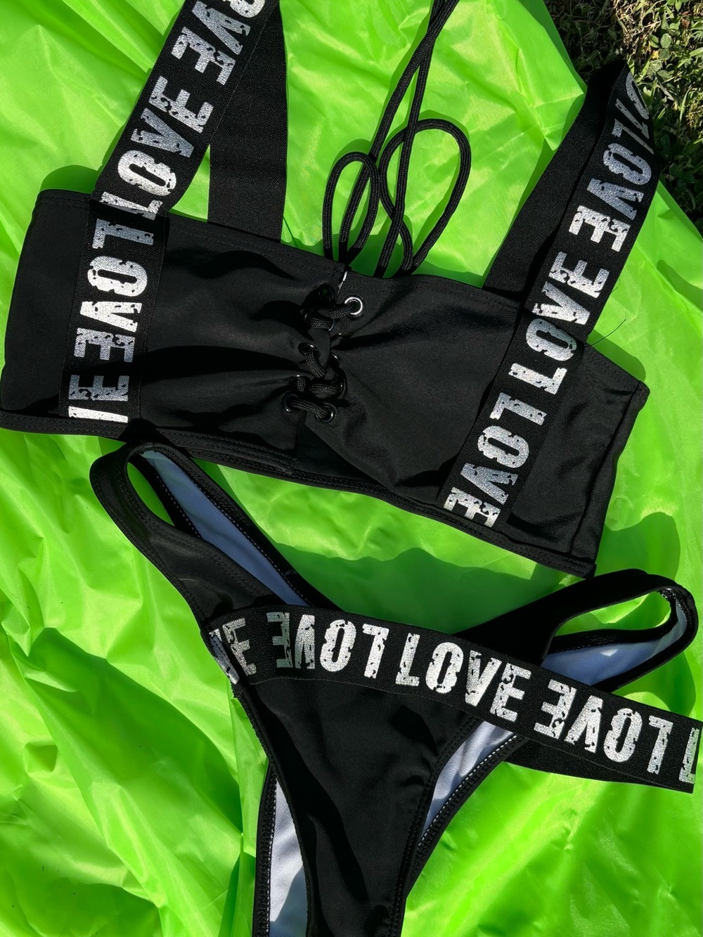 2pc Strapped “Love” Tie String Bust Strap Overlap Accent Bottom